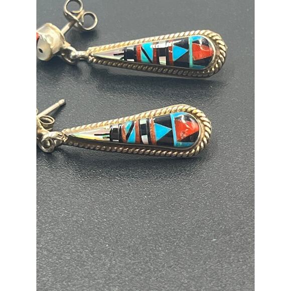 Vintage Zuni Sterling  Multi-Stone Inlay Dangle Earrings Turquoise Coral New - Picture 7 of 10